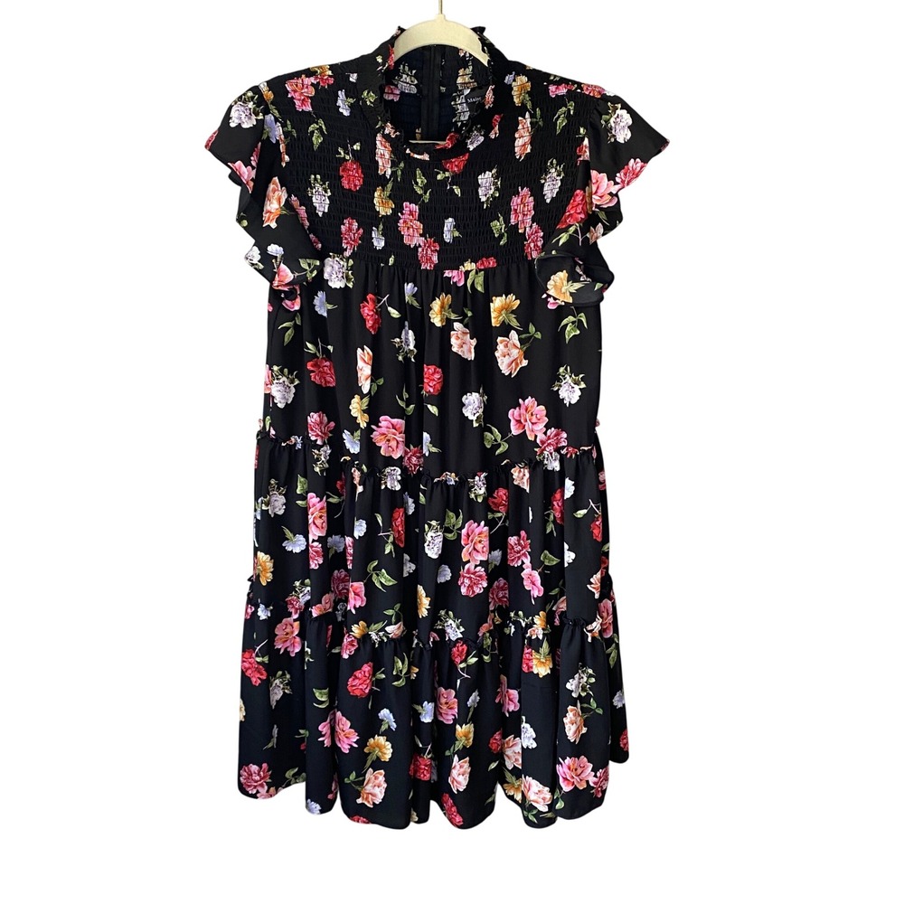 Maison Tara Black Floral Smocked‎ Tiered Mini Dress Flutter Sleeve Size 12
